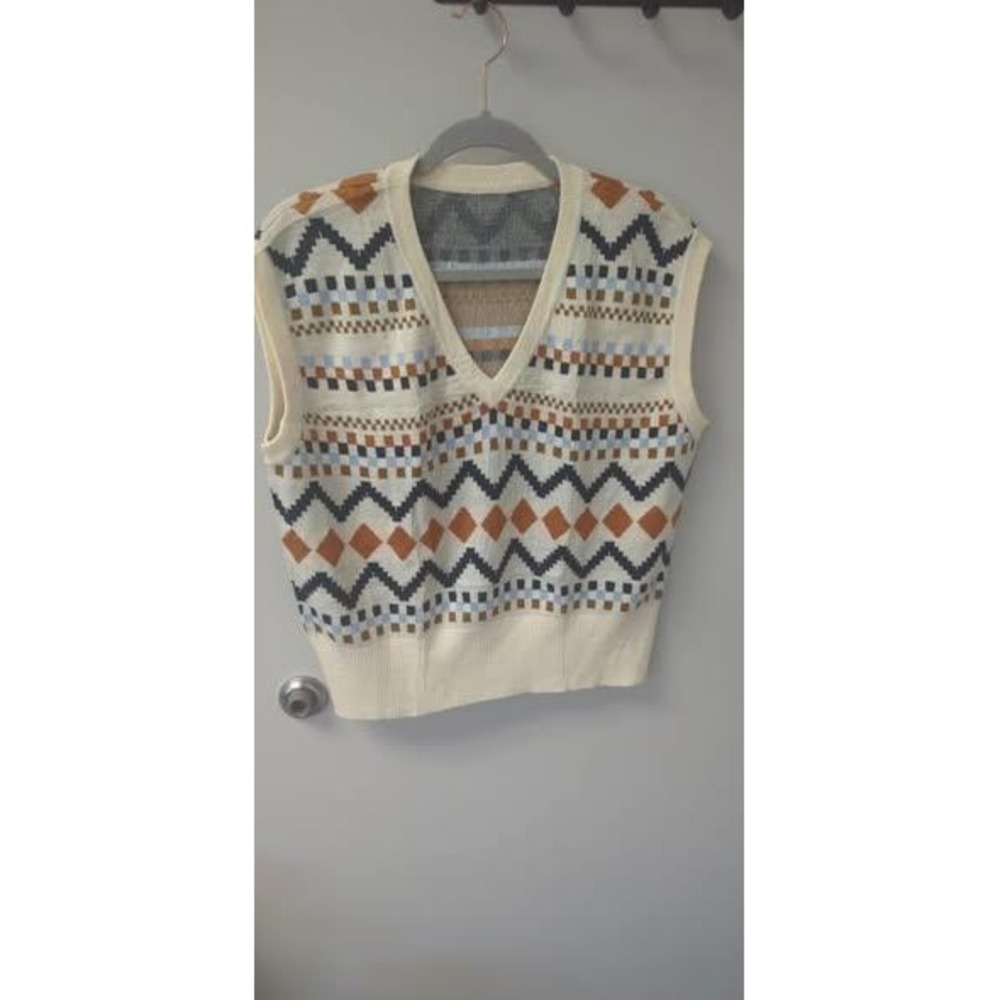 Womens Geometric Pattern V Neck Sweater Vest Cream Blue Orange Size M